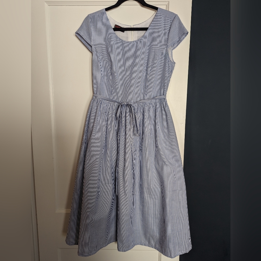 Custom Made Blue Striped Dress, Medium